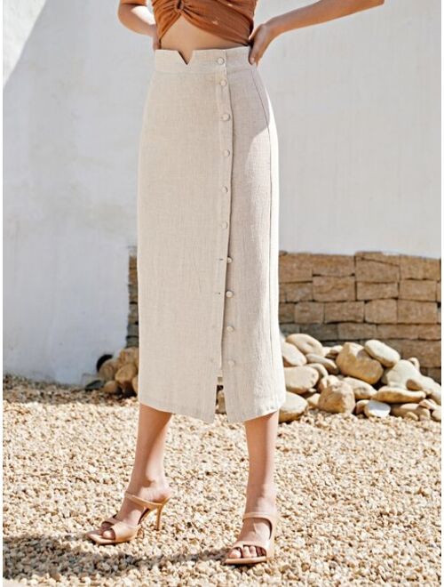 EMERY ROSE Solid Notched Trim Button Front Skirt