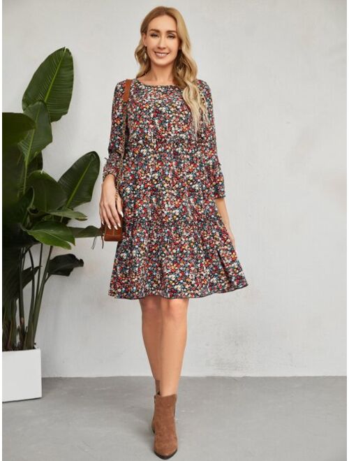 EMERY ROSE Ditsy Floral Print Flounce Sleeve Ruffle Hem Smock Dress