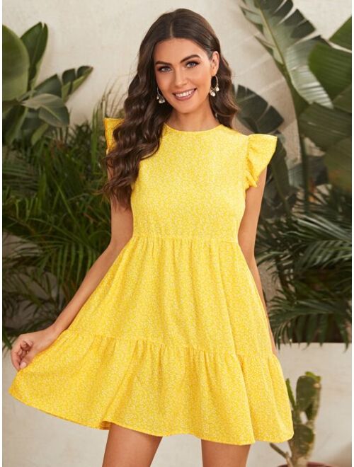 EMERY ROSE Allover Plants Print Butterfly Sleeve Dress