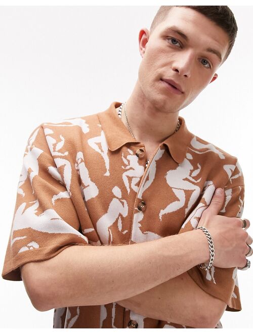 Topman knit button up shirt with all over print in brown