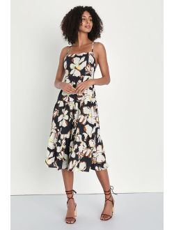 Bound for Bali Navy Floral Backless Midi Dress With Pockets