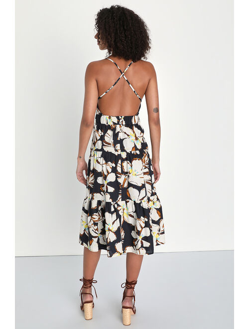 Lulus Bound for Bali Navy Floral Backless Midi Dress With Pockets