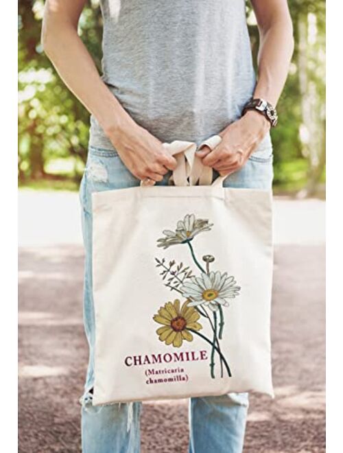 Taoqiao Canvas Floral Botanical Tote Bag for Women Teacher, Reusable Grocery Bags, Cute Cat Tote Bags Aesthetic for Shopping