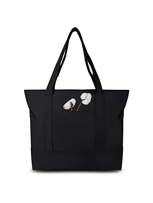TOPDesign 1 | 3 | 6 | 30 Pack Stylish Canvas Tote Bag with an External Pocket, Top Zipper Closure, Daily Essentials (Black/Natural Pack of 1)