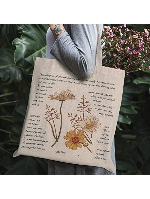 Saintrygo 4 Pieces Canvas Tote Bag Flowers Shopping Bag Gift Beautiful Floral Tote Bag Aesthetic Reusable Grocery Shopping Bag School Tote Book Lover Tote Makeup Bags for