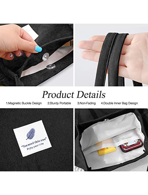 LHMTQVK Corduroy Tote Bags for Women Girls, Large Capacity Corduroy Bag Reusable Grocery Shoulder Bag with Inner Pockets