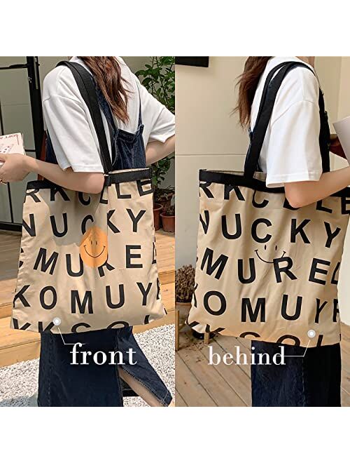 TWOYOMN 2PCS Women Aesthetic Cute Tote Bags Inspirational Gifts for Women Beach Bags Reusable Grocery Canvas Tote Bags of Print Smile Black