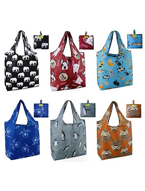 BeeGreen Shopping Bags Reusable Grocery Tote Bags 6 Pack XLarge 50LBS Ripstop Geometric Fashion Recycling Bags with Pouch Bulk Machine Washable Nylon Bags Black Gray Blue