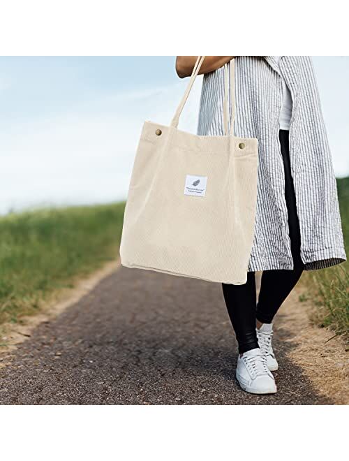 Oweisong Corduroy Tote Bag for Women Grocery Reusable Shoulder Purse Hobo Handbag with Inner Pocket for Work Travel Shopping