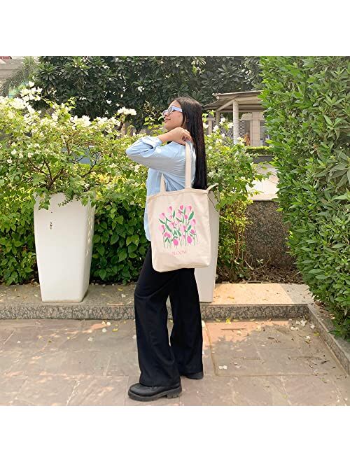 Eco Right Aesthetic Canvas Tote Bag for Women: Spacious, Zippered Closure, Reusable, Ideal for Beach, Shopping, Travel, School, Groceries - Cute & Eco-Friendly Gift for G