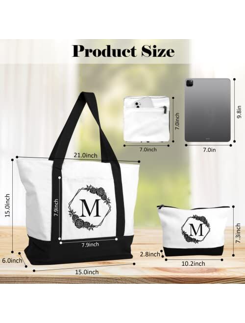 AUNOOL Initial Tote Bag for Women with Makeup Bag Canvas Beach Bag with Zipper Pocket Monogrammed Gifts for Teacher Tote Bags Personalized Present Bag for Mother's Day Bi