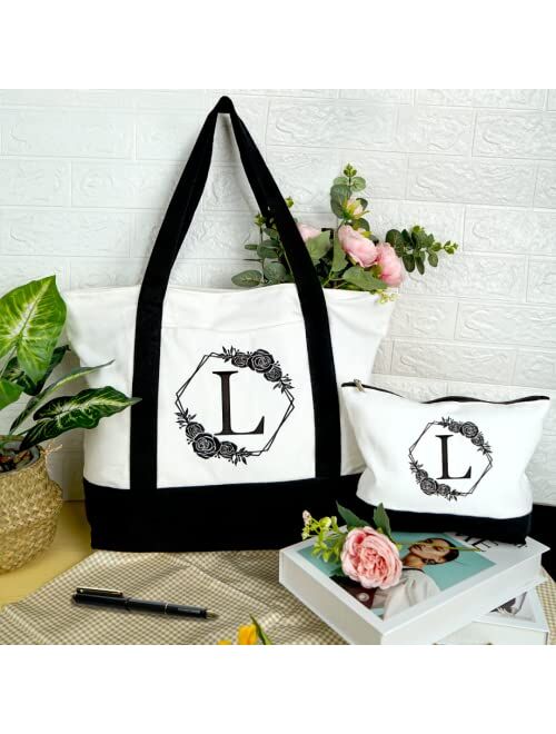 AUNOOL Initial Tote Bag for Women with Makeup Bag Canvas Beach Bag with Zipper Pocket Monogrammed Gifts for Teacher Tote Bags Personalized Present Bag for Mother's Day Bi
