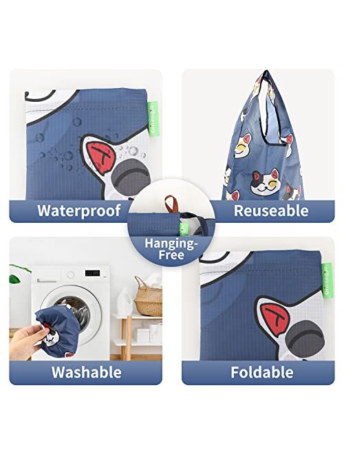 Oriveegyo Reusable Grocery Bags, 6-Pack Dog Cat Animal Print Recycle Shopping Bags, Handmade Nylon Fabric Market Shopper Shoulder Tote Bags (Bonus 2 Mesh Produce Bags) Mu