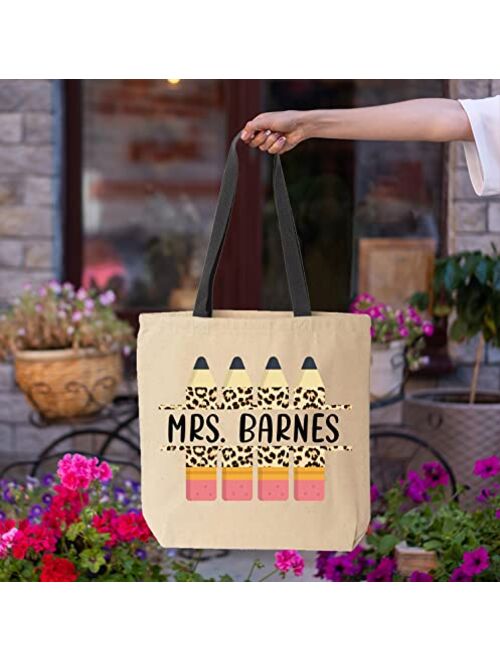 shop4ever Custom Personalized Teacher Name Leopard Print Pencil Cotton Canvas Tote Reusable Shopping Bag 10 oz