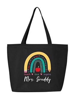 shop4ever Custom Personalized Teacher Teach Love Inspire Rainbow Heavy Canvas Tote with Zipper Reusable Shopping Bag 12 oz