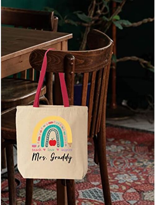 shop4ever Custom Personalized Teacher Teach Love Inspire Rainbow Cotton Canvas Tote Reusable Shopping Bag 10 oz