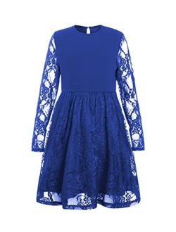 Girl's Floral Lace Panel Long Mesh Sleeve Round Neck Keyhole Back Formal Flared A Line Short Dress