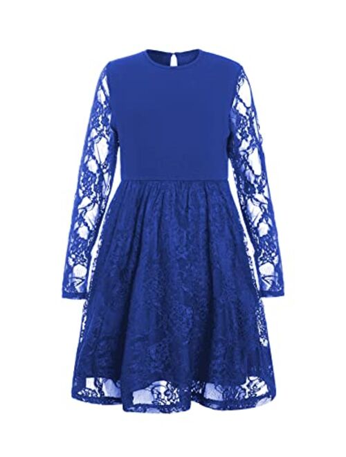 WDIRARA Girl's Floral Lace Panel Long Mesh Sleeve Round Neck Keyhole Back Formal Flared A Line Short Dress