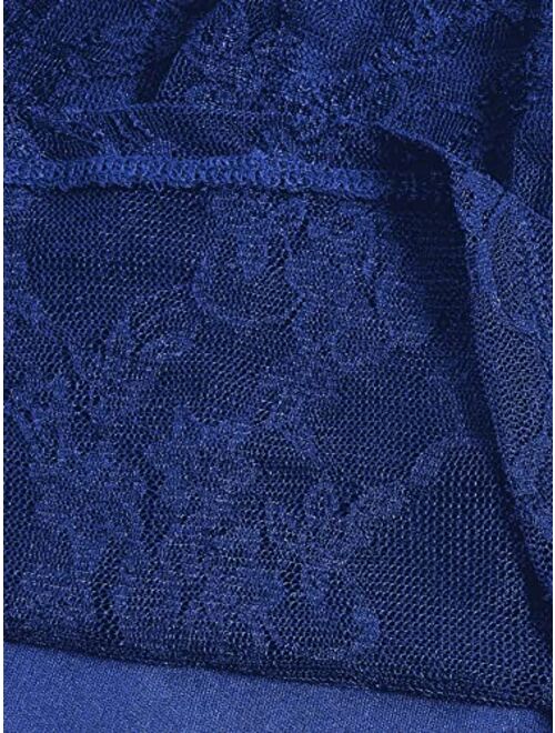 WDIRARA Girl's Floral Lace Panel Long Mesh Sleeve Round Neck Keyhole Back Formal Flared A Line Short Dress