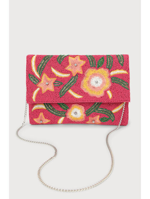 Lulus Tropi-Call You Later Pink Floral Beaded Clutch