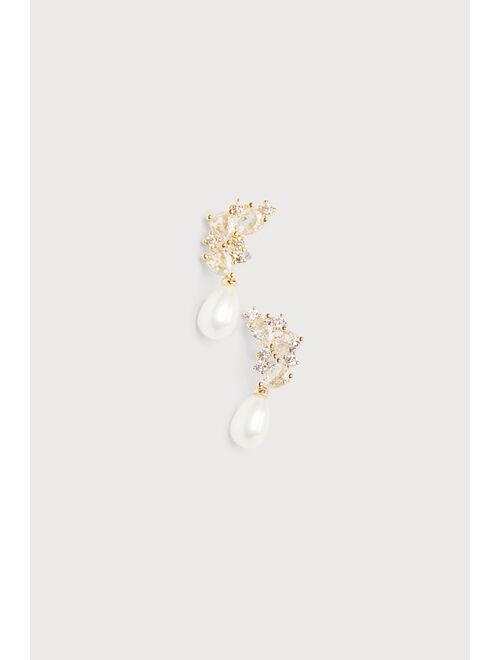 Lulus Seeking Elegance Gold Cubic Zirconia Pearl Stud Earrings