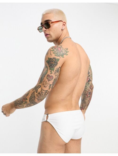 ASOS DESIGN swim trunks with gold hardware in white