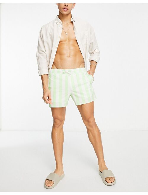 ASOS DESIGN seersucker swim shorts in short length in light green stripe