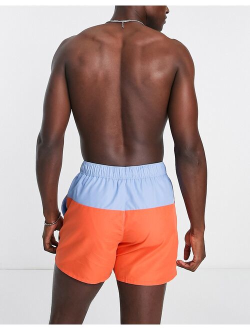 ASOS DESIGN swim shorts in short length with color block in blue and orange