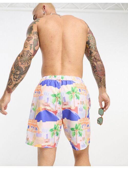 ASOS DESIGN swim shorts in mid length in scenic print