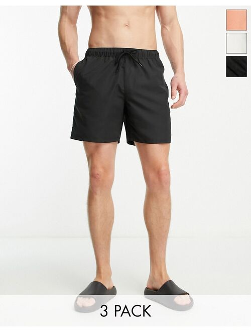 ASOS DESIGN 3 pack swim shorts in mid length in black/white/orange SAVE
