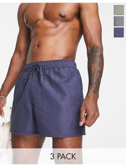 3-pack swim shorts in short length in light khaki/gray/indigo - SAVE!