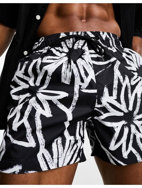 Bershka floral printed swim shorts in black