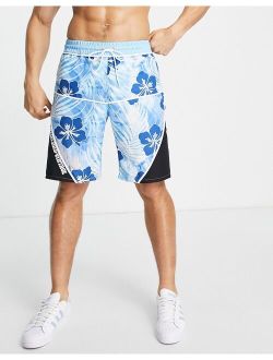 Inspired swim board shorts in blue Hawaiian print