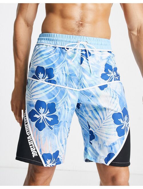 Reclaimed Vintage Inspired swim board shorts in blue Hawaiian print