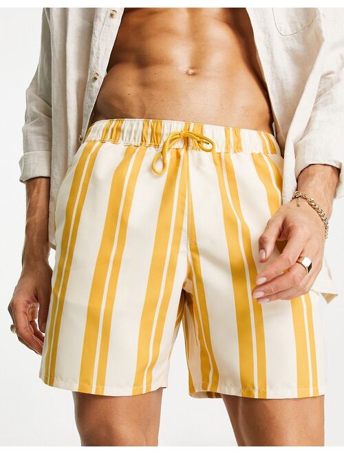 ASOS DESIGN swim shorts in mid length in beige stripe
