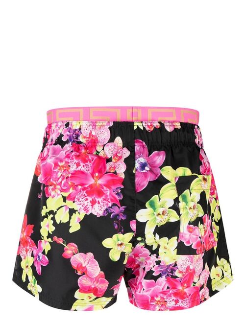 Versace floral-print logo-waistband swim shorts