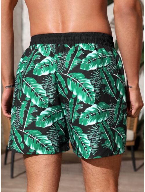Men Tropical Print Drawstring Waist Swim Trunks