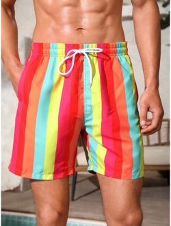 Men Rainbow Striped Drawstring Waist Swim Trunks