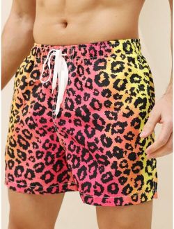 Men Leopard Print Drawstring Waist Swim Trunks