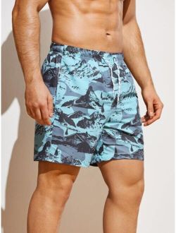Men Graphic Print Drawstring Waist Swim Trunks