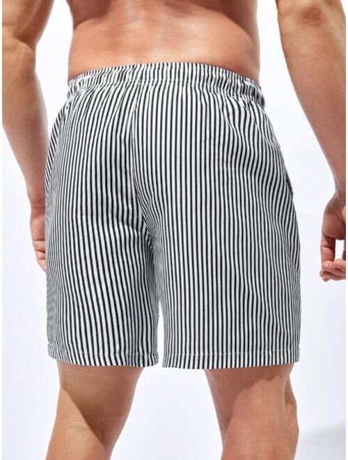 Men Striped Drawstring Waist Swim Trunks