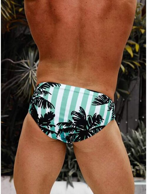 Men Striped Tropical Leaf Print Swim Briefs