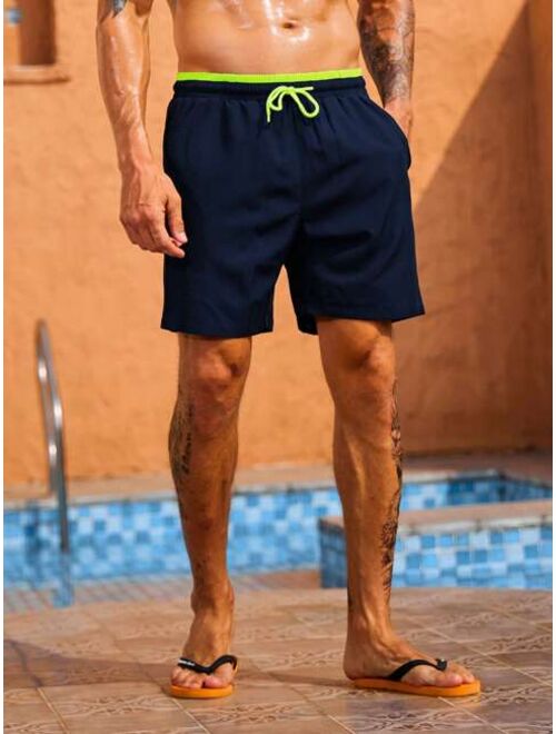 Men Drawstring Waist Swim Shorts With Compression Liner