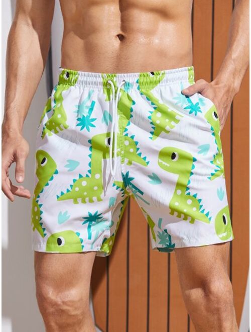 Men Random Cartoon Graphic Drawstring Waist Swim Trunks