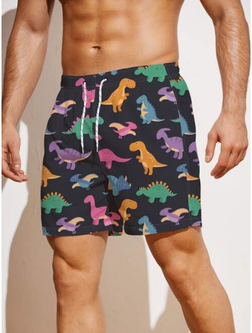 Men Dinosaur Print Drawstring Waist Swim Trunks