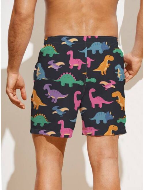 Men Dinosaur Print Drawstring Waist Swim Trunks