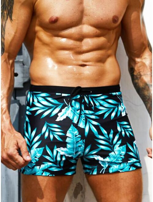 Men Tropical Print Drawstring Waist Swim Trunks