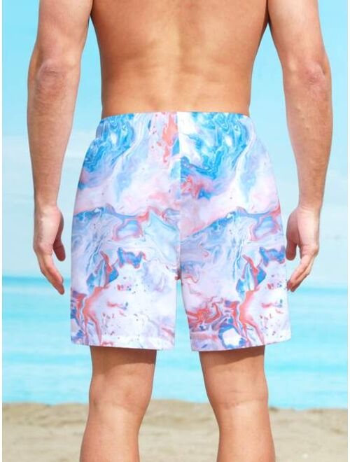 Men Marble Print Drawstring Waist Swim Trunks