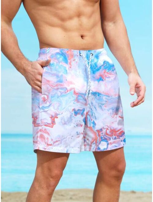 Men Marble Print Drawstring Waist Swim Trunks