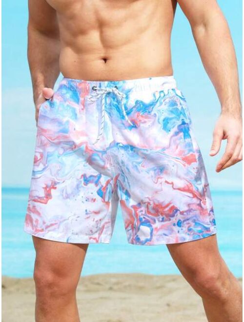 Men Marble Print Drawstring Waist Swim Trunks